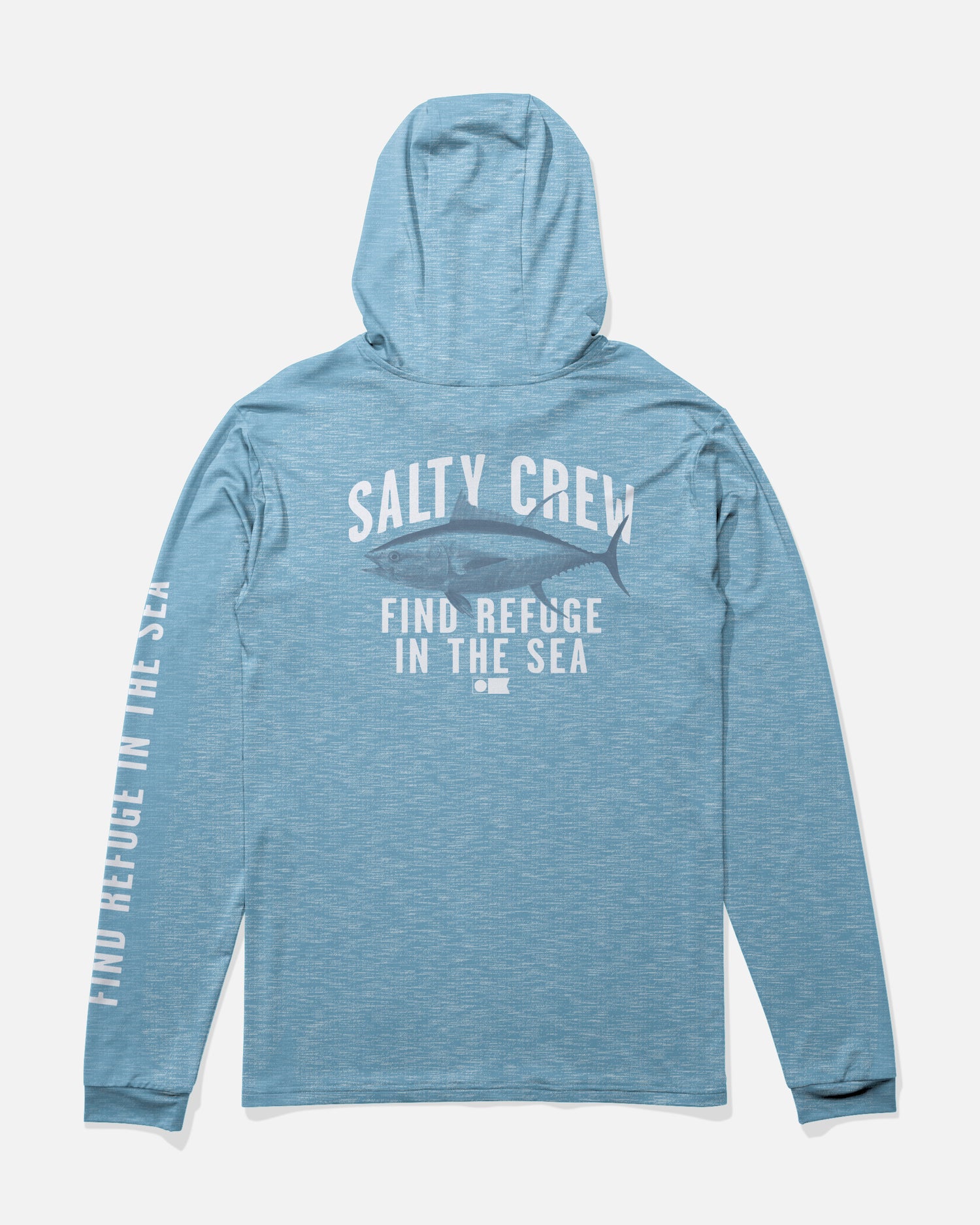 Back view of the Bitmap Hood Sunshirt - Blue Heather. 