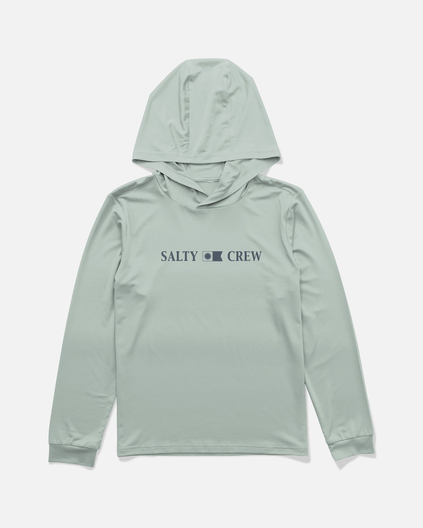 Introducing the Rail Boys Hood Sunshirt in Aqua Grey by Salty Crew—a light gray, long-sleeve hooded shirt featuring the SALTY CREW brand and a small wave logo in dark blue text on the chest. Made from moisture-wicking, 4-way stretch fabric for all-day comfort, this sunshirt offers UPF 50+ protection and is displayed on a plain white background.