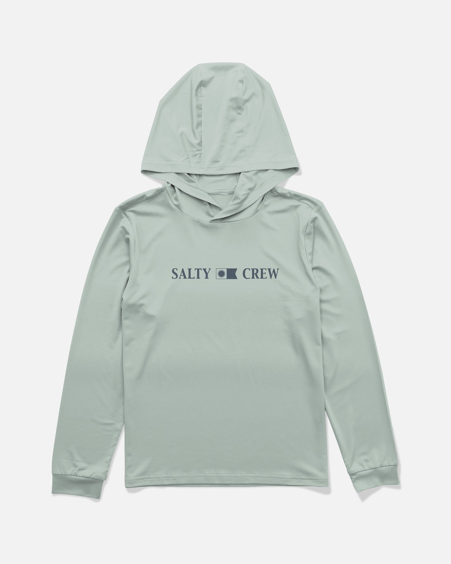 Introducing the Rail Boys Hood Sunshirt in Aqua Grey by Salty Crew—a light gray, long-sleeve hooded shirt featuring the SALTY CREW brand and a small wave logo in dark blue text on the chest. Made from moisture-wicking, 4-way stretch fabric for all-day comfort, this sunshirt offers UPF 50+ protection and is displayed on a plain white background.