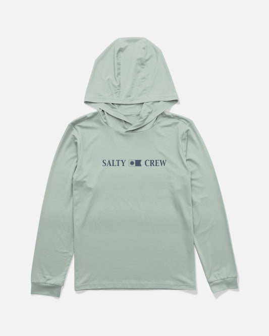Introducing the Rail Boys Hood Sunshirt in Aqua Grey by Salty Crew—a light gray, long-sleeve hooded shirt featuring the SALTY CREW brand and a small wave logo in dark blue text on the chest. Made from moisture-wicking, 4-way stretch fabric for all-day comfort, this sunshirt offers UPF 50+ protection and is displayed on a plain white background.