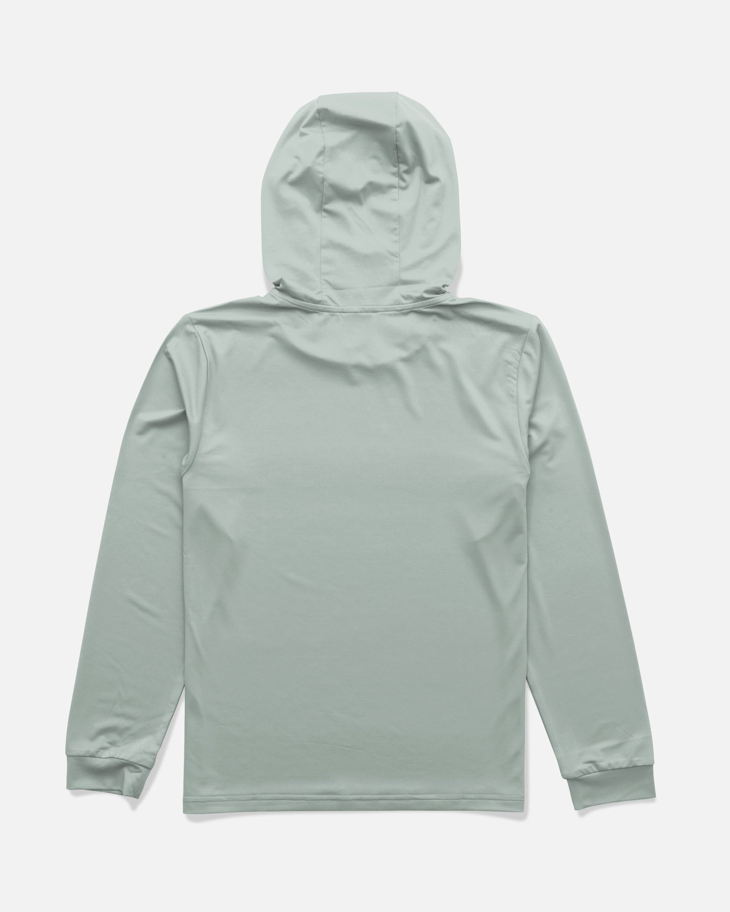 The Salty Crew Rail Boys Hood Sunshirt in Aqua Grey is displayed flat, showing the back view. Made from recycled polyester, this hooded long-sleeve shirt features fitted cuffs and a minimalist design with no visible logos or embellishments.