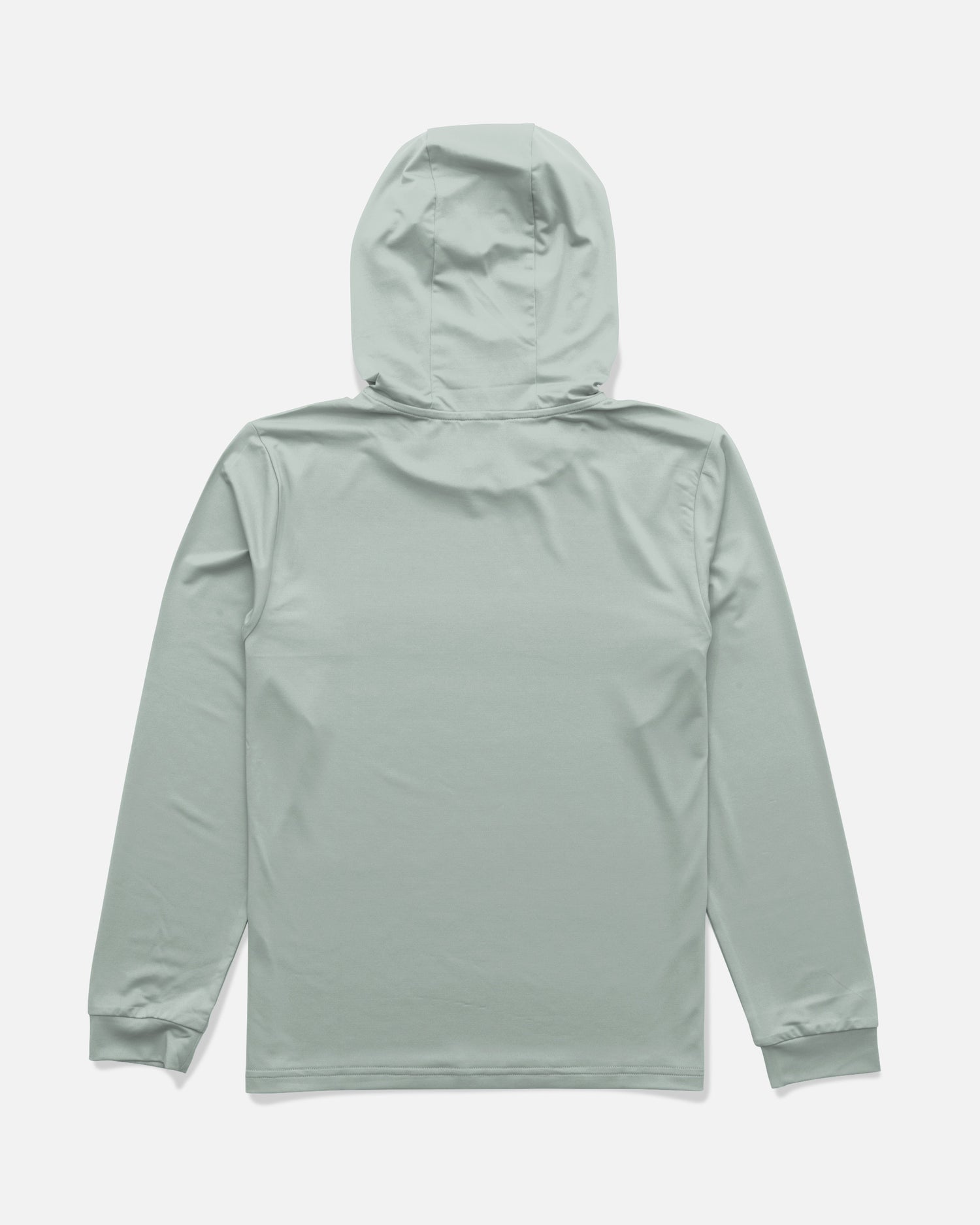 The Salty Crew Rail Boys Hood Sunshirt in Aqua Grey is displayed flat, showing the back view. Made from recycled polyester, this hooded long-sleeve shirt features fitted cuffs and a minimalist design with no visible logos or embellishments.