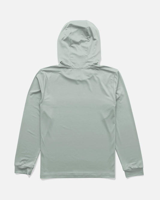 The Salty Crew Rail Boys Hood Sunshirt in Aqua Grey is displayed flat, showing the back view. Made from recycled polyester, this hooded long-sleeve shirt features fitted cuffs and a minimalist design with no visible logos or embellishments.
