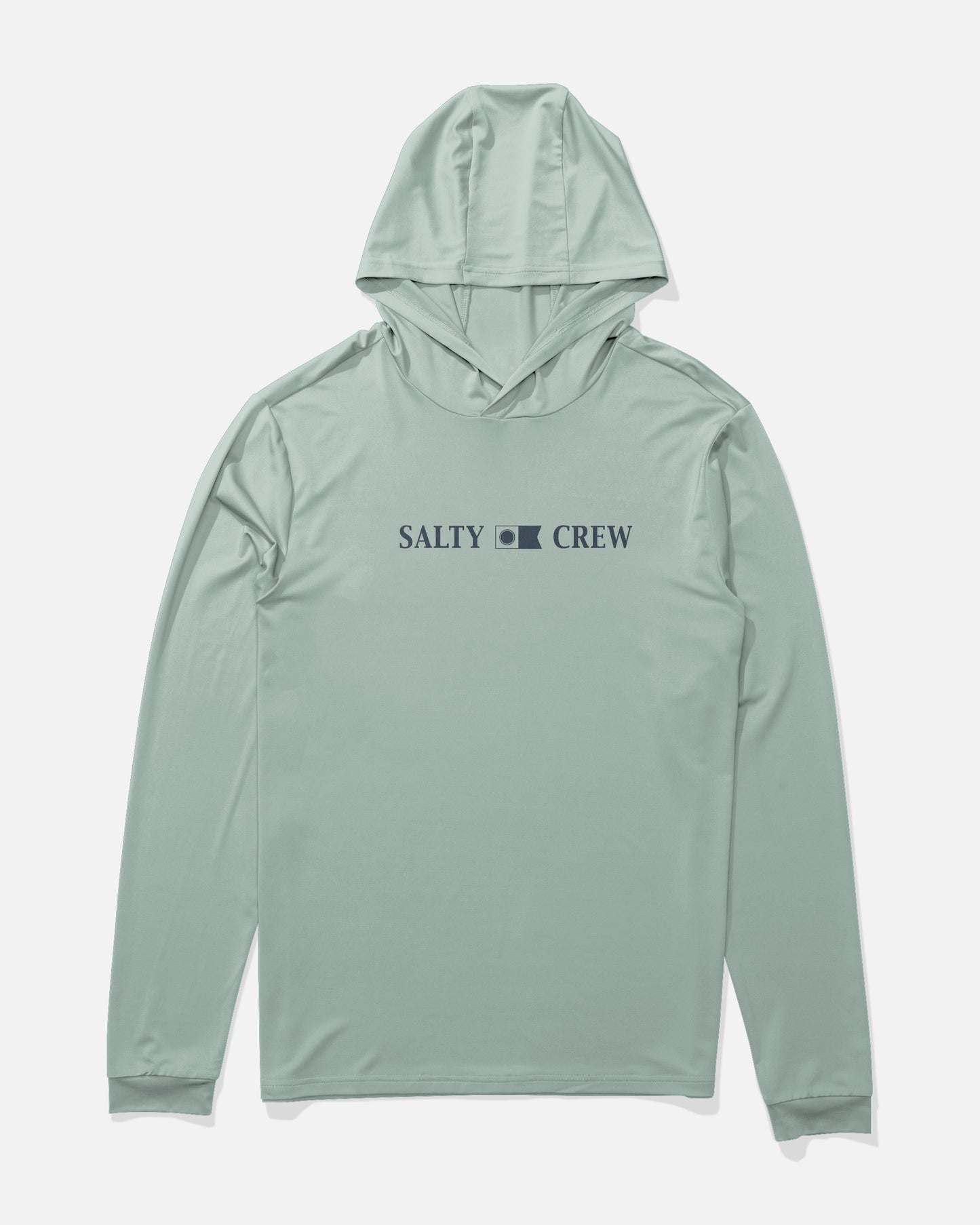 The Salty Crew Rail Hood Sunshirt in Aqua Grey is a light green, long-sleeve performance shirt featuring a hood and SALTY CREW’s signature wave logo printed in navy blue across the chest. Made from recycled polyester for sustainability, it includes moisture-wicking technology and provides UPF 50+ sun protection, ensuring comfort and coverage. The shirt is displayed on a plain white background.