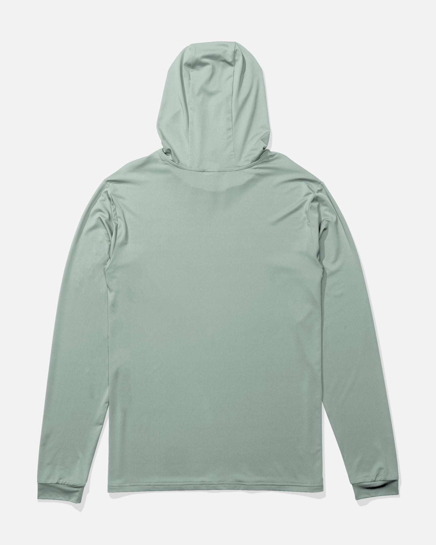 The Salty Crew Rail Hood Sunshirt in Aqua Grey is displayed from the back, laid flat on a white background with the hood up. This long-sleeve sunshirt features a plain design without visible logos or patterns. Made from lightweight recycled polyester, it provides UPF 50+ sun protection and moisture-wicking properties for all-day comfort.