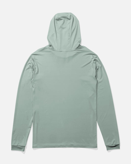 The Salty Crew Rail Hood Sunshirt in Aqua Grey is displayed from the back, laid flat on a white background with the hood up. This long-sleeve sunshirt features a plain design without visible logos or patterns. Made from lightweight recycled polyester, it provides UPF 50+ sun protection and moisture-wicking properties for all-day comfort.