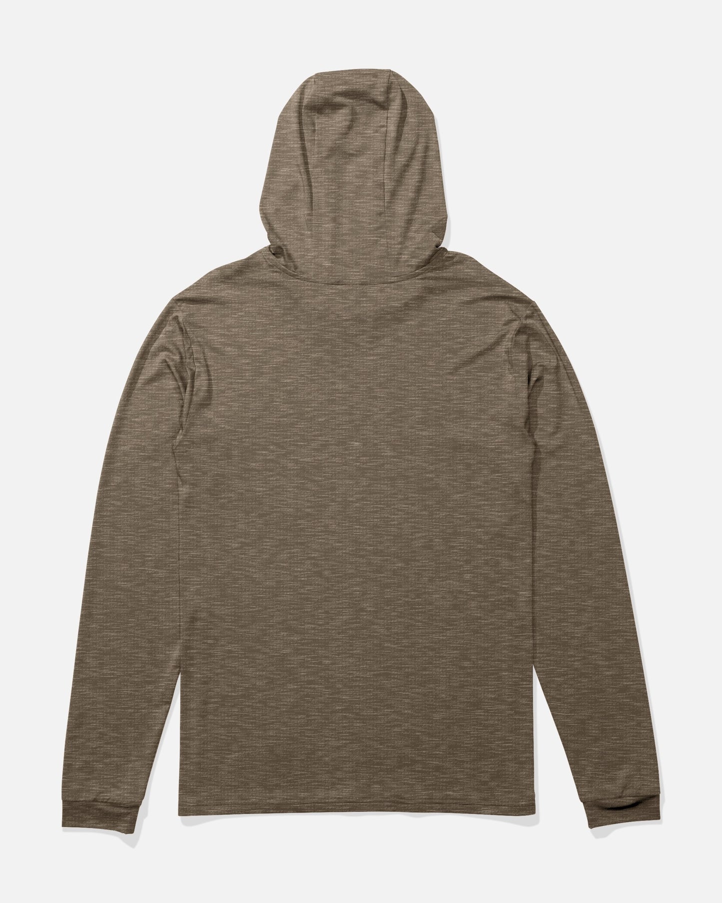 The Salty Crew Rail Hood Sunshirt in Brown Heather is laid flat to display the back, featuring a subtle textured pattern. The hood is up and the long sleeves are extended, showcasing its recycled polyester construction and moisture-wicking properties for all-day comfort.