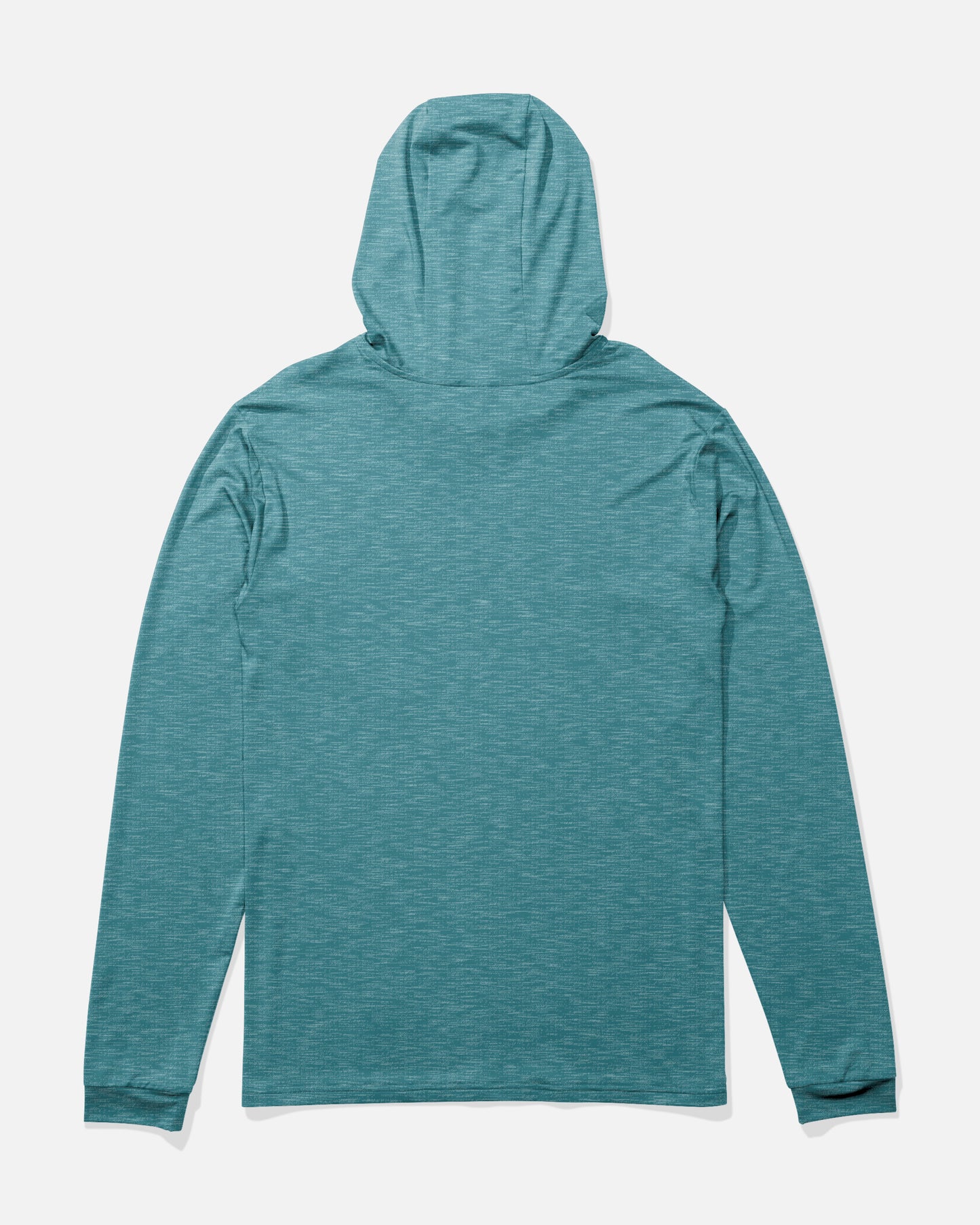 Back view of the Rail Hood Sunshirt - Teal Blue Heather. 