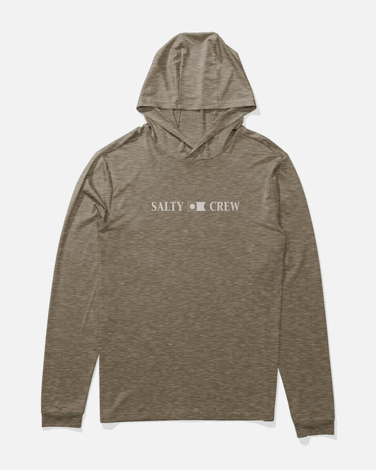 The Salty Crew Rail Hood Sunshirt in Brown Heather is a light brown long-sleeve hooded shirt with “SALTY CREW” printed in bold white letters across the center front. Crafted from moisture-wicking recycled polyester for lasting comfort, it offers UPF 50+ sun protection and is shown on a plain white background.
