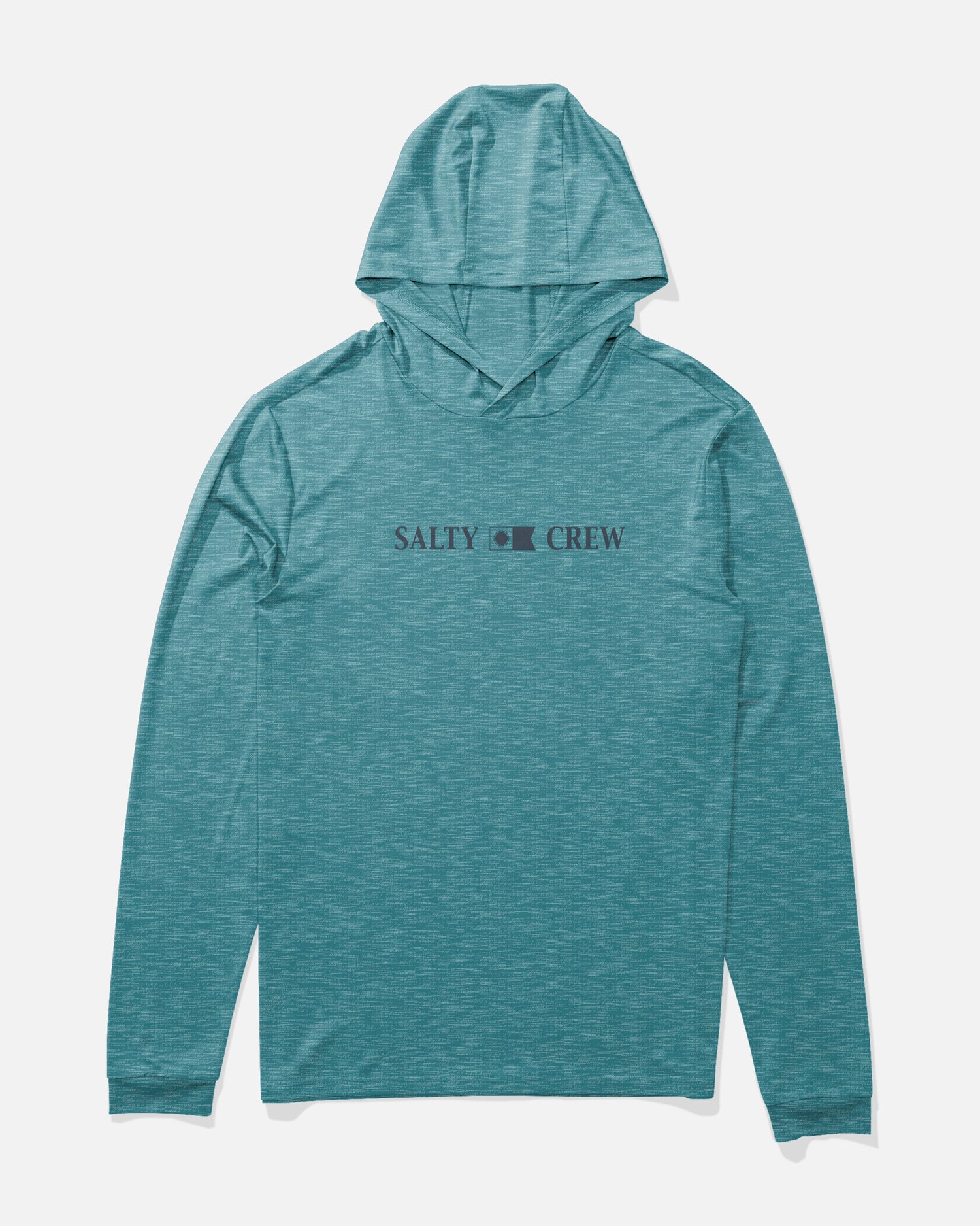 Front view of the Rail Hood Sunshirt - Teal Blue Heather.