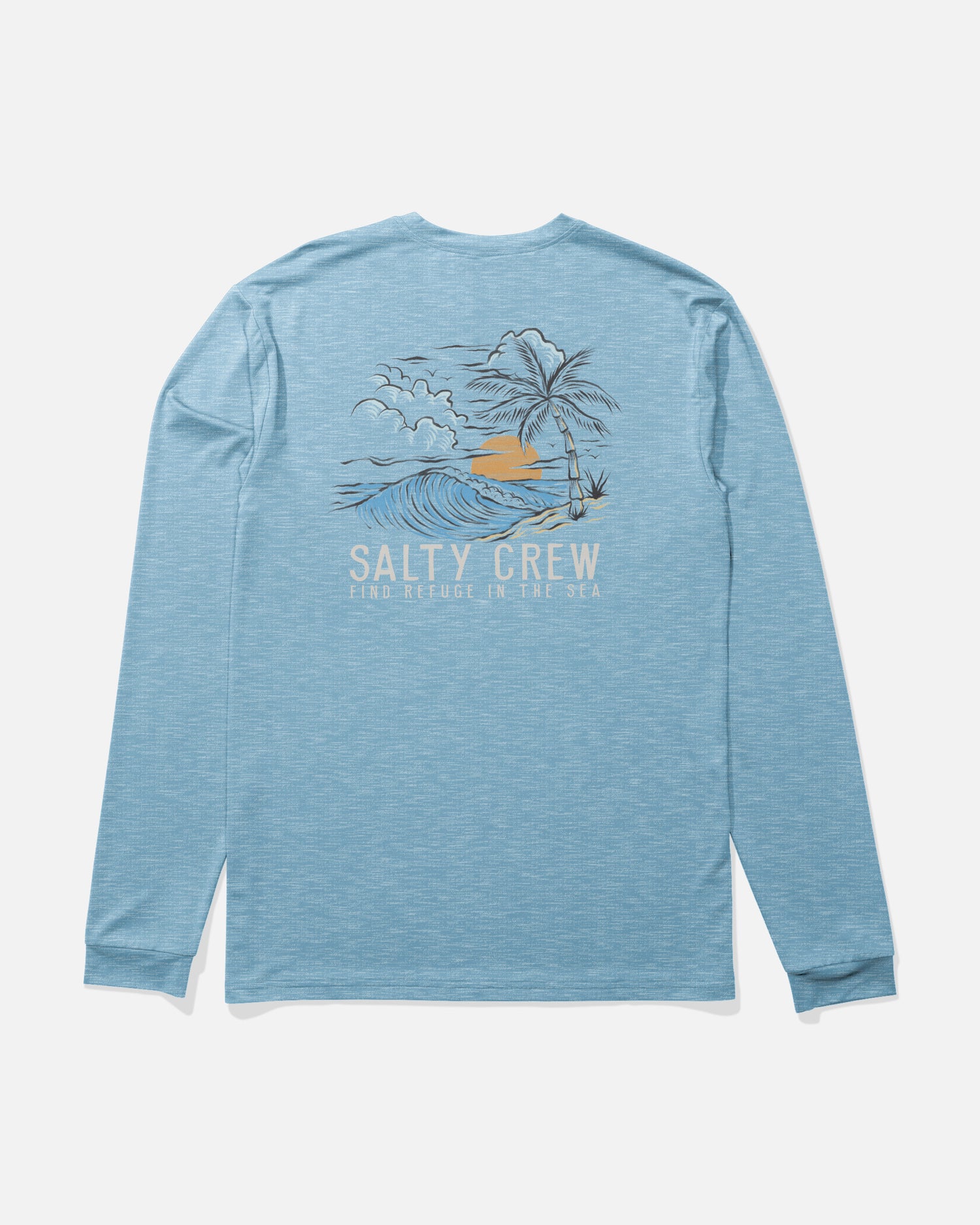 Back view of the Day Off Long Sleeve Sunshirt - Blue Heather. 