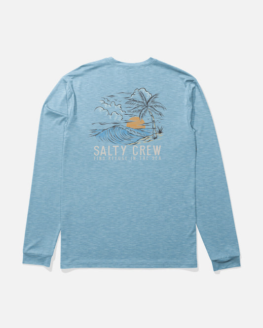 Back view of the Day Off Long Sleeve Sunshirt - Blue Heather. 