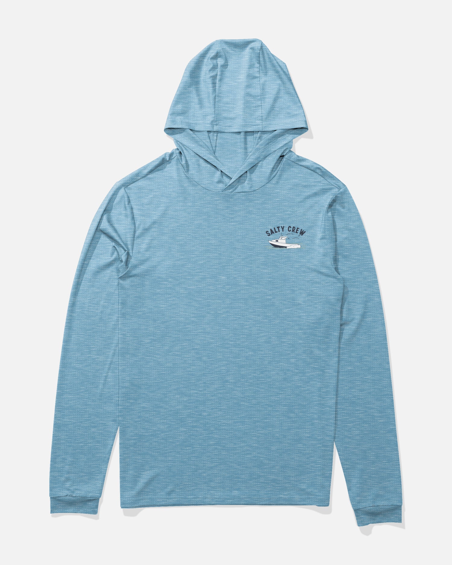 Front view of the Boat Repair Boys Hood Sunshrt - Blue Heather. 