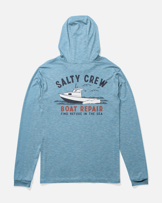 Back view of the Boat Repair Boys Hood Sunshrt - Blue Heather. 