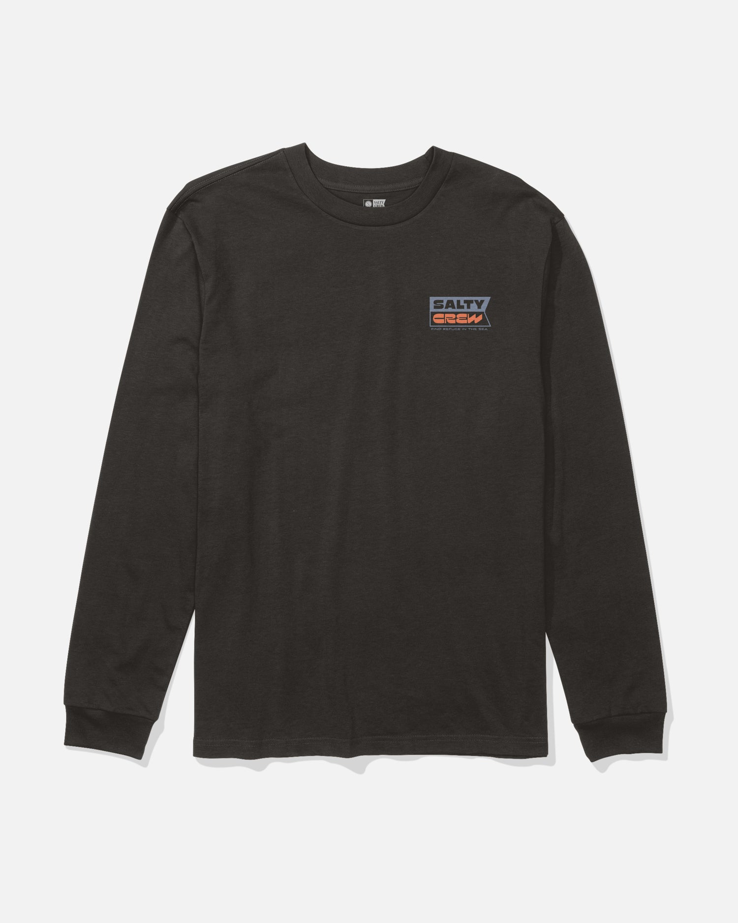 The Inverse Flag Long Sleeve Tee in black by Salty Crew is a combed ringspun cotton T-shirt featuring the SALTY CREW text logo screenprinted in red and white on the left chest, shown against a plain white background.