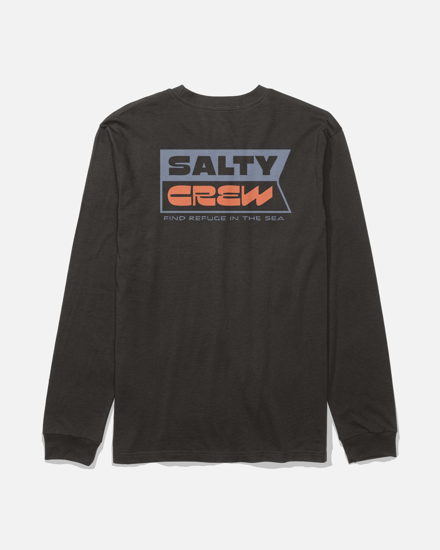 The Salty Crew Inverse Flag Long Sleeve Tee in black features a screenprinted back graphic with the phrases “SALTY CREW” and “FIND REFUGE IN THE SEA” in gray and orange letters inside a geometric design. Made from soft, combed ringspun cotton.