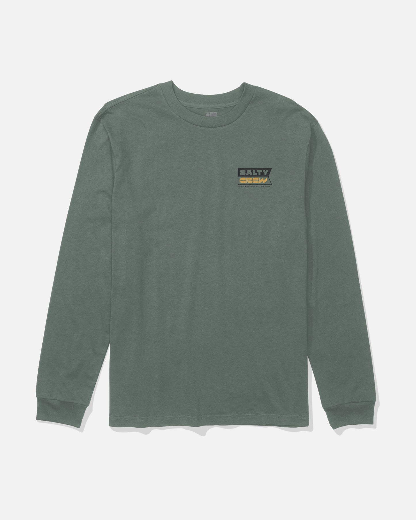 A long-sleeved, laurel wreath green crewneck cotton t-shirt, the Inverse Flag Long Sleeve Tee by Salty Crew, featuring a small screenprinted Salty Crew logo on the upper left chest and displayed on a plain white background.