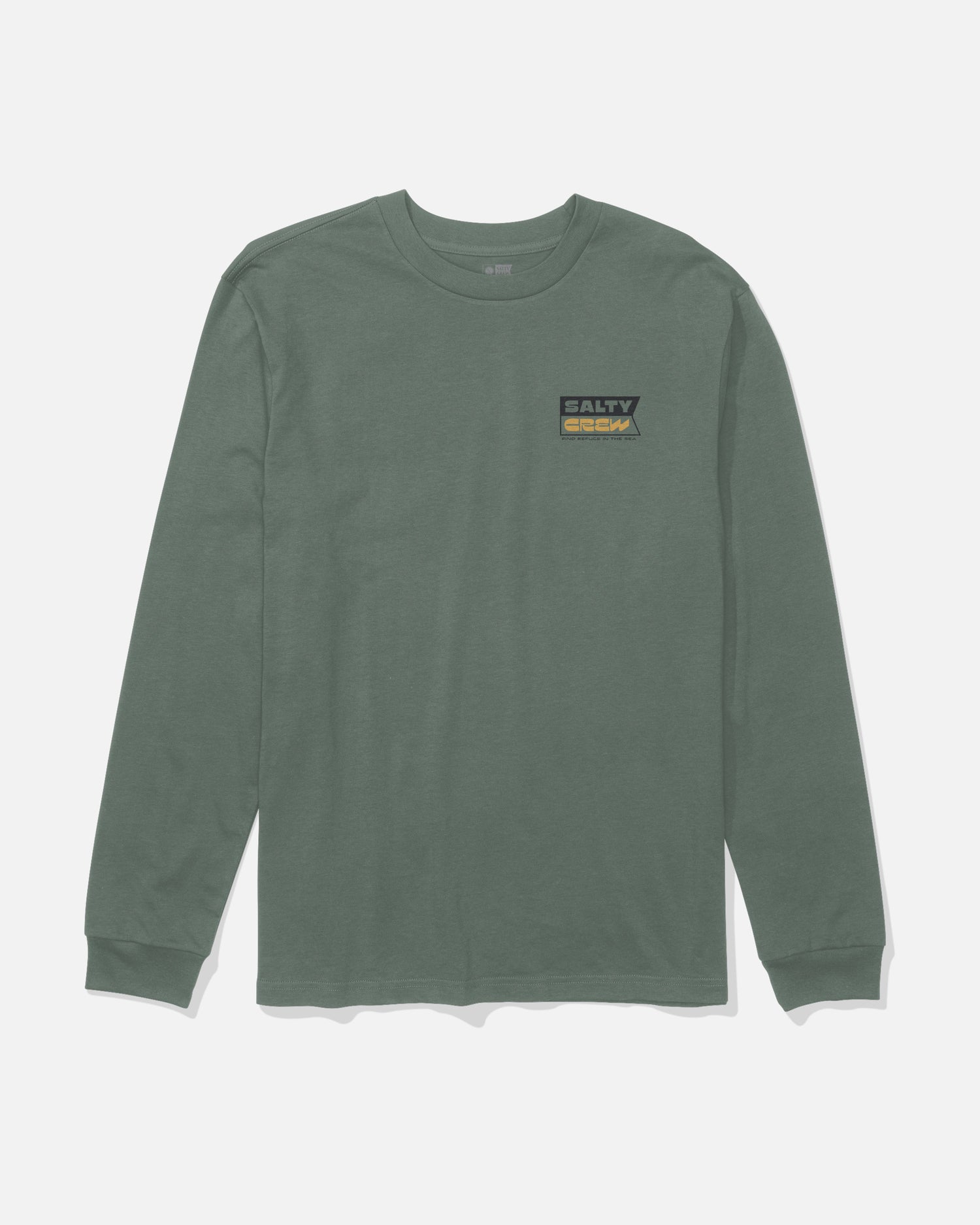 A long-sleeved, laurel wreath green crewneck cotton t-shirt, the Inverse Flag Long Sleeve Tee by Salty Crew, featuring a small screenprinted Salty Crew logo on the upper left chest and displayed on a plain white background.