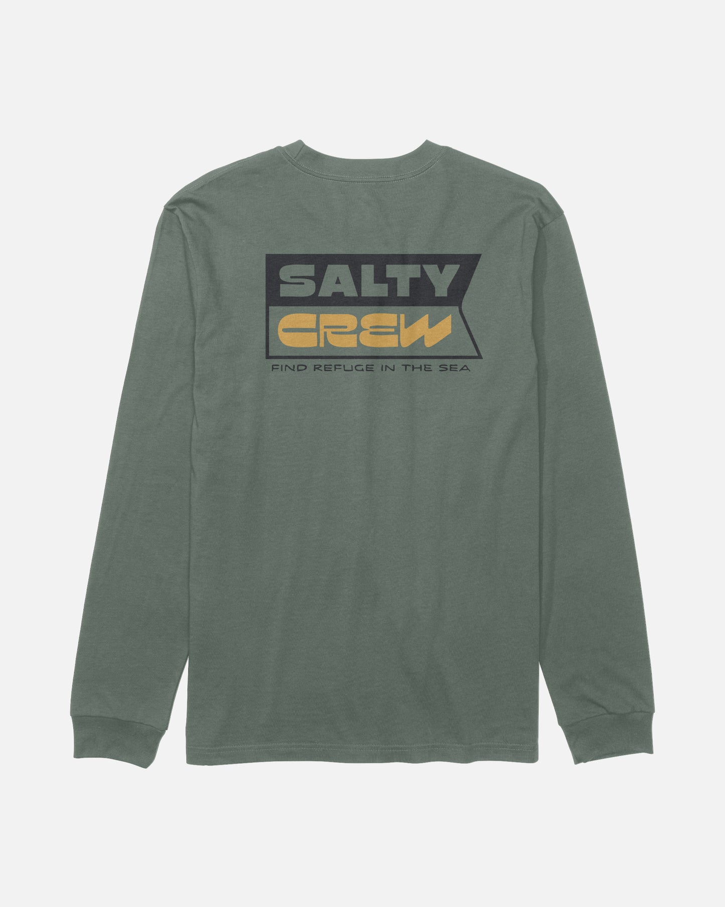 A green Inverse Flag Long Sleeve Tee by Salty Crew, made from cotton, featuring “SALTY CREW” and “Find Refuge In The Sea” screenprinted on the back in bold black, tan, and yellow fonts.