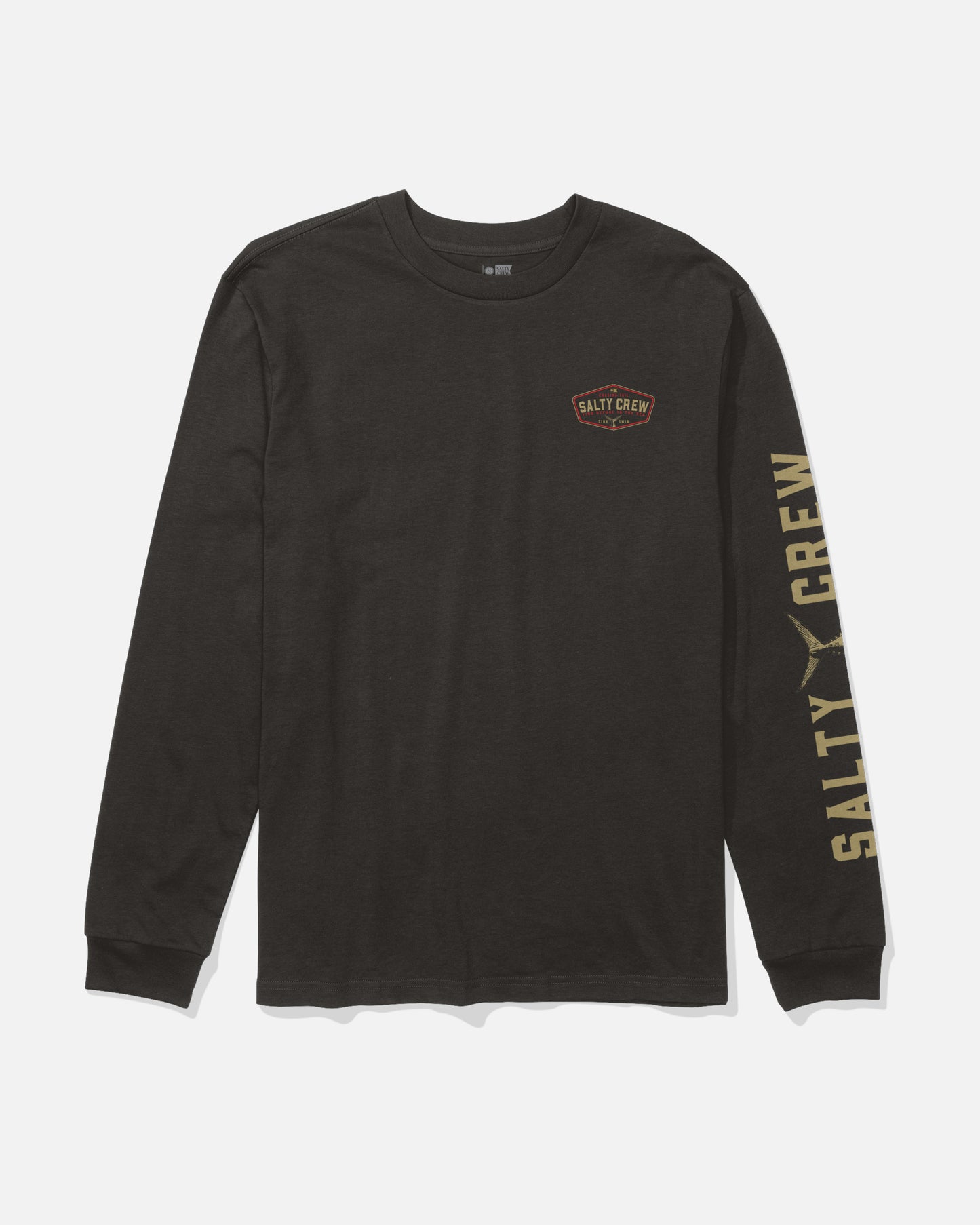 The Tailfin Long Sleeve Tee by Salty Crew in black features a small Salty Crew logo screenprinted on the left chest and bold yellow Salty Crew text running down the right sleeve. Crafted from soft, combed ringspun cotton, this shirt is displayed flat against a white background.