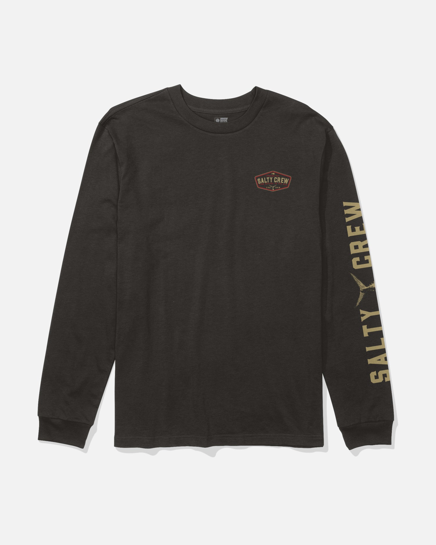 The Tailfin Long Sleeve Tee by Salty Crew in black features a small Salty Crew logo screenprinted on the left chest and bold yellow Salty Crew text running down the right sleeve. Crafted from soft, combed ringspun cotton, this shirt is displayed flat against a white background.