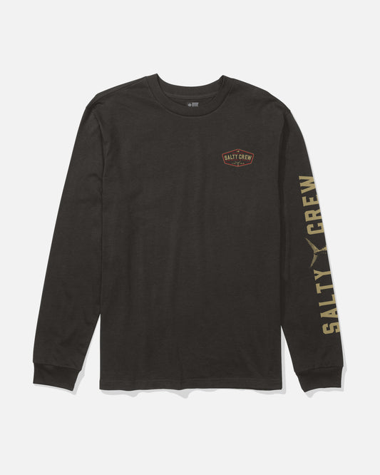 The Tailfin Long Sleeve Tee by Salty Crew in black features a small Salty Crew logo screenprinted on the left chest and bold yellow Salty Crew text running down the right sleeve. Crafted from soft, combed ringspun cotton, this shirt is displayed flat against a white background.