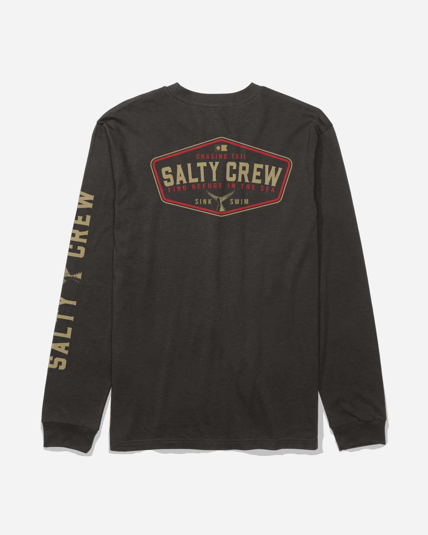 Introducing the Salty Crew Tailfin Long Sleeve Tee in Black—a soft, combed ringspun cotton shirt designed for all-day comfort. This long-sleeve tee features a bold red and gold Salty Crew logo on the back, which incorporates phrases such as “Chasing Tail,” “Find Refuge in the Sea,” “Sink,” and “Swim.” The left sleeve is detailed with Salty Crew text, creating a standout look that’s perfect for fans of adventure and style.