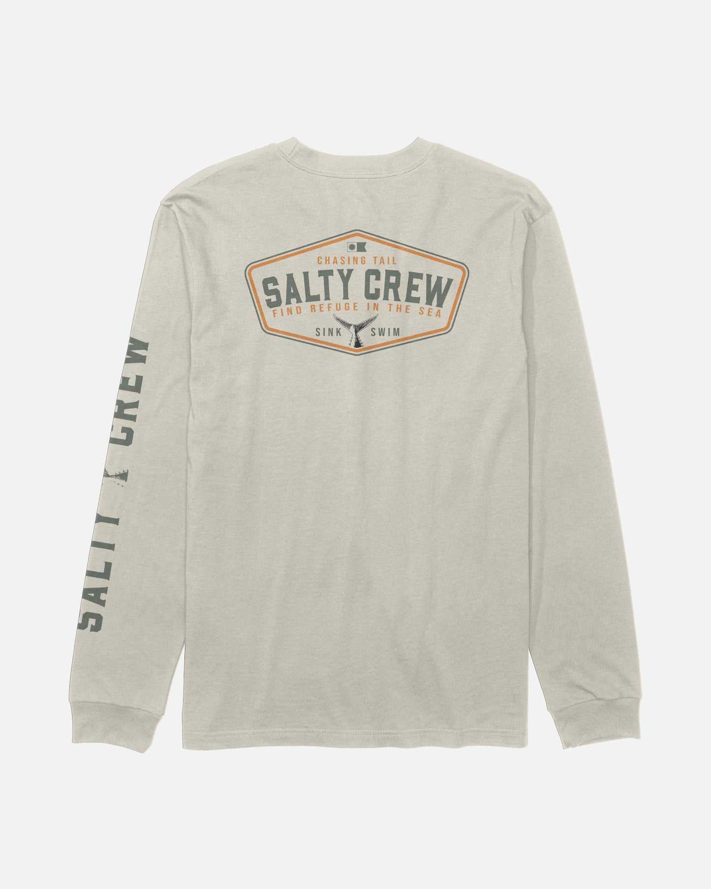 The Tailfin Long Sleeve Tee in Bone by Salty Crew is a beige cotton shirt featuring SALTY CREW screenprinted on the left sleeve and a large back graphic with the phrases CHASING TAIL, SINK, and SWIM.