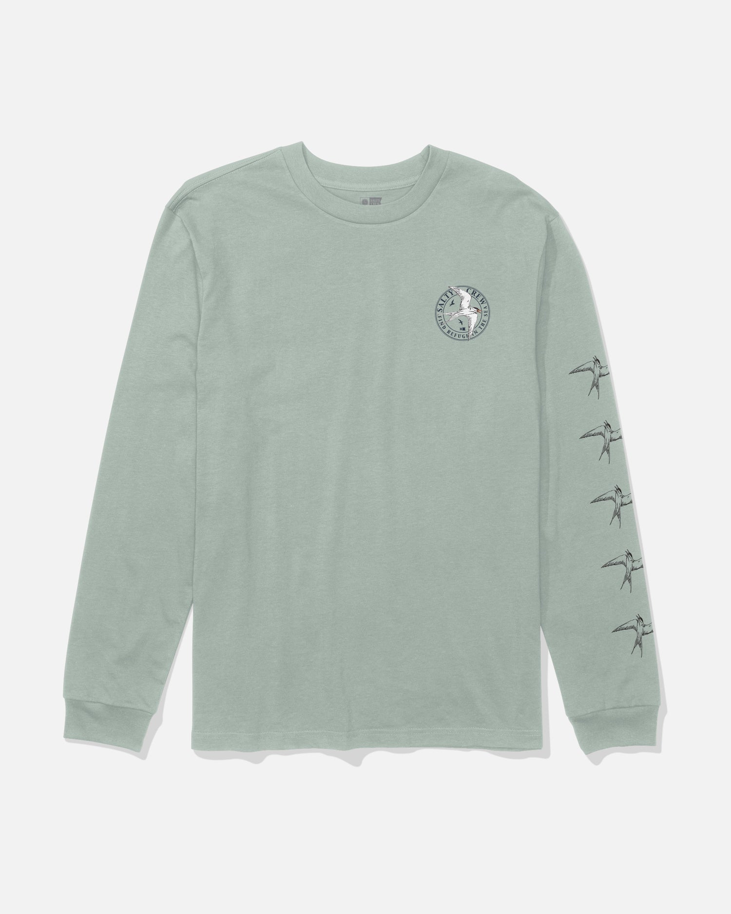 The Salty Crew Tern Long Sleeve Tee in Aqua Grey features a soft, combed ringspun cotton construction for added comfort, a small circular screenprinted logo on the left chest, and five vertically lined-up bird graphics on the right sleeve.