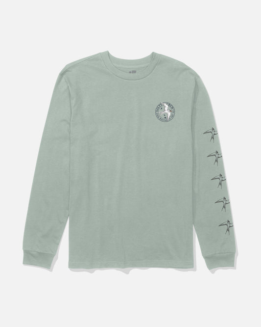 The Salty Crew Tern Long Sleeve Tee in Aqua Grey features a soft, combed ringspun cotton construction for added comfort, a small circular screenprinted logo on the left chest, and five vertically lined-up bird graphics on the right sleeve.