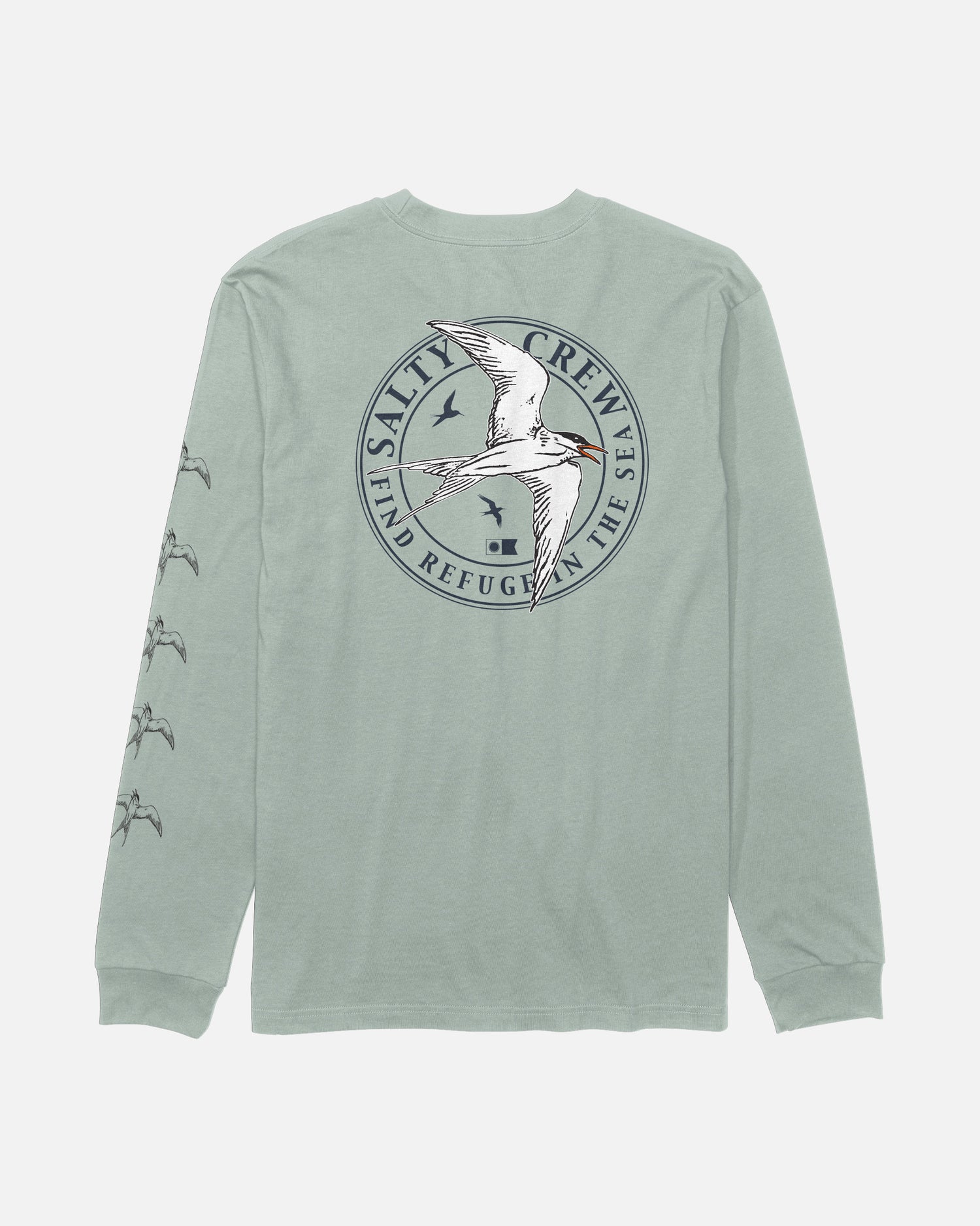 The Salty Crew Tern Long Sleeve Tee in Aqua Grey is a soft, combed ringspun cotton shirt with long sleeves. The back displays a circular “Salty Crew: Find Refuge in the Sea” logo featuring a flying tern, screenprinted for lasting quality. Smaller tern graphics are printed down the left sleeve, adding extra detail to this comfortable tee.