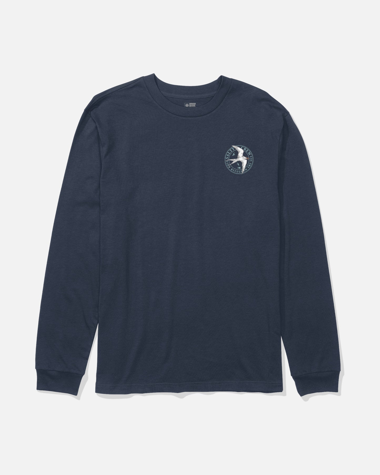 The Salty Crew Tern Long Sleeve Tee in navy features a small round bird logo with text screenprinted on the left chest, crafted from soft combed ringspun cotton for lasting quality.