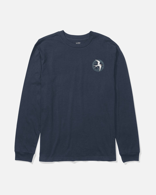 The Salty Crew Tern Long Sleeve Tee in navy features a small round bird logo with text screenprinted on the left chest, crafted from soft combed ringspun cotton for lasting quality.