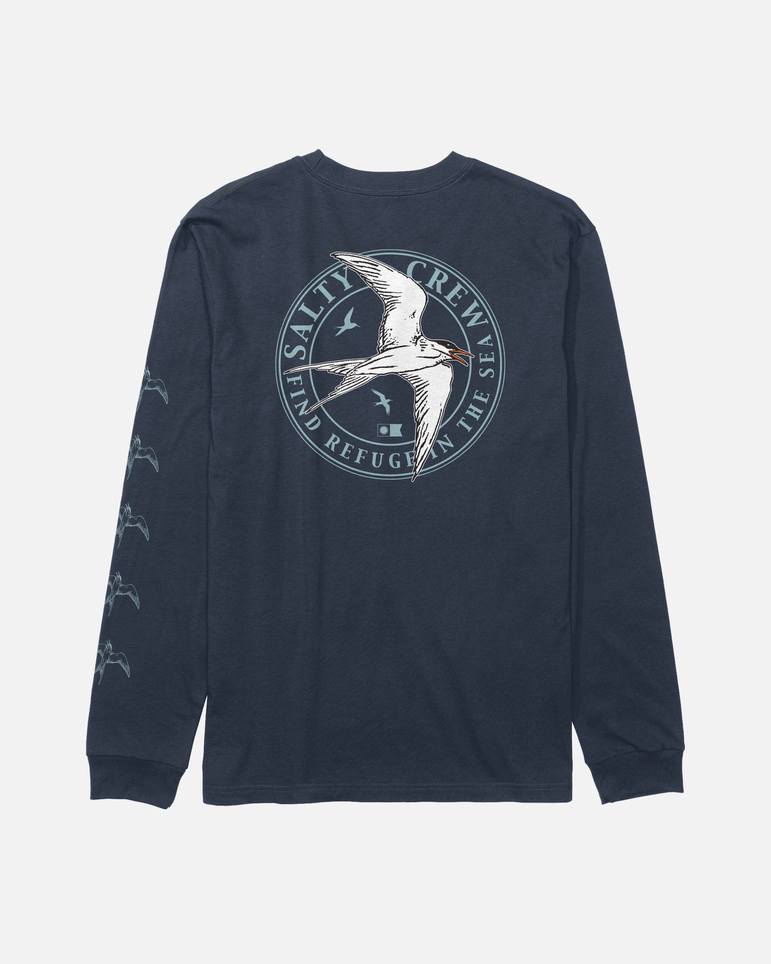 The Salty Crew Tern Long Sleeve Tee in navy is crafted from soft combed ringspun cotton for lasting comfort and style. It features a large screenprinted seabird graphic, two smaller birds, and the “Salty Crew Find Refuge In The Sea” text on the back, with additional bird graphics on the right sleeve.