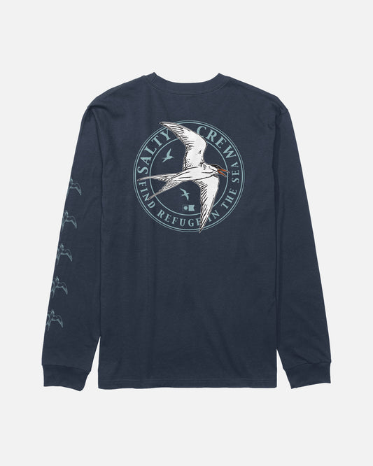 The Salty Crew Tern Long Sleeve Tee in navy is crafted from soft combed ringspun cotton for lasting comfort and style. It features a large screenprinted seabird graphic, two smaller birds, and the “Salty Crew Find Refuge In The Sea” text on the back, with additional bird graphics on the right sleeve.
