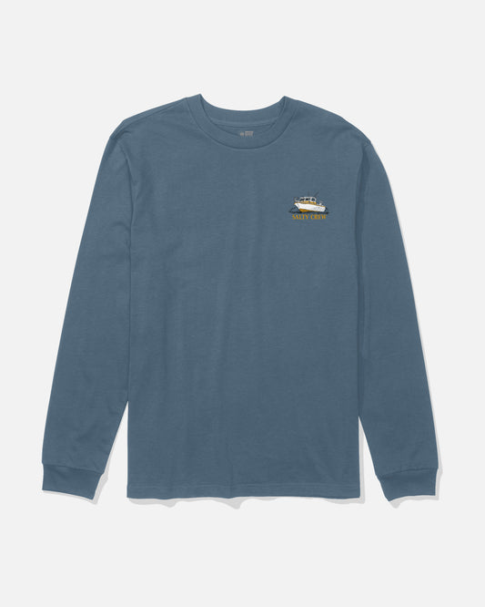 Salty Crew Throttle Long Sleeve Tee in Slate, featuring a crewneck design with a small screenprinted boat graphic and Salty Crew text on the left chest. Shirt is laid flat on a plain white background.