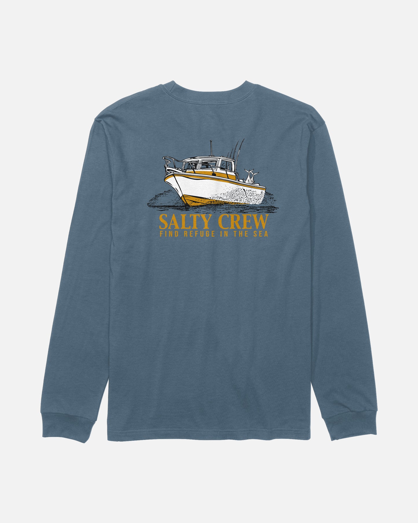 The Salty Crew Throttle Long Sleeve Tee in Slate is a blue cotton t-shirt featuring a screenprinted graphic of a fishing boat and a dog on the back, with yellow “SALTY CREW” text and smaller “FIND REFUGE IN THE SEA” text below the image.