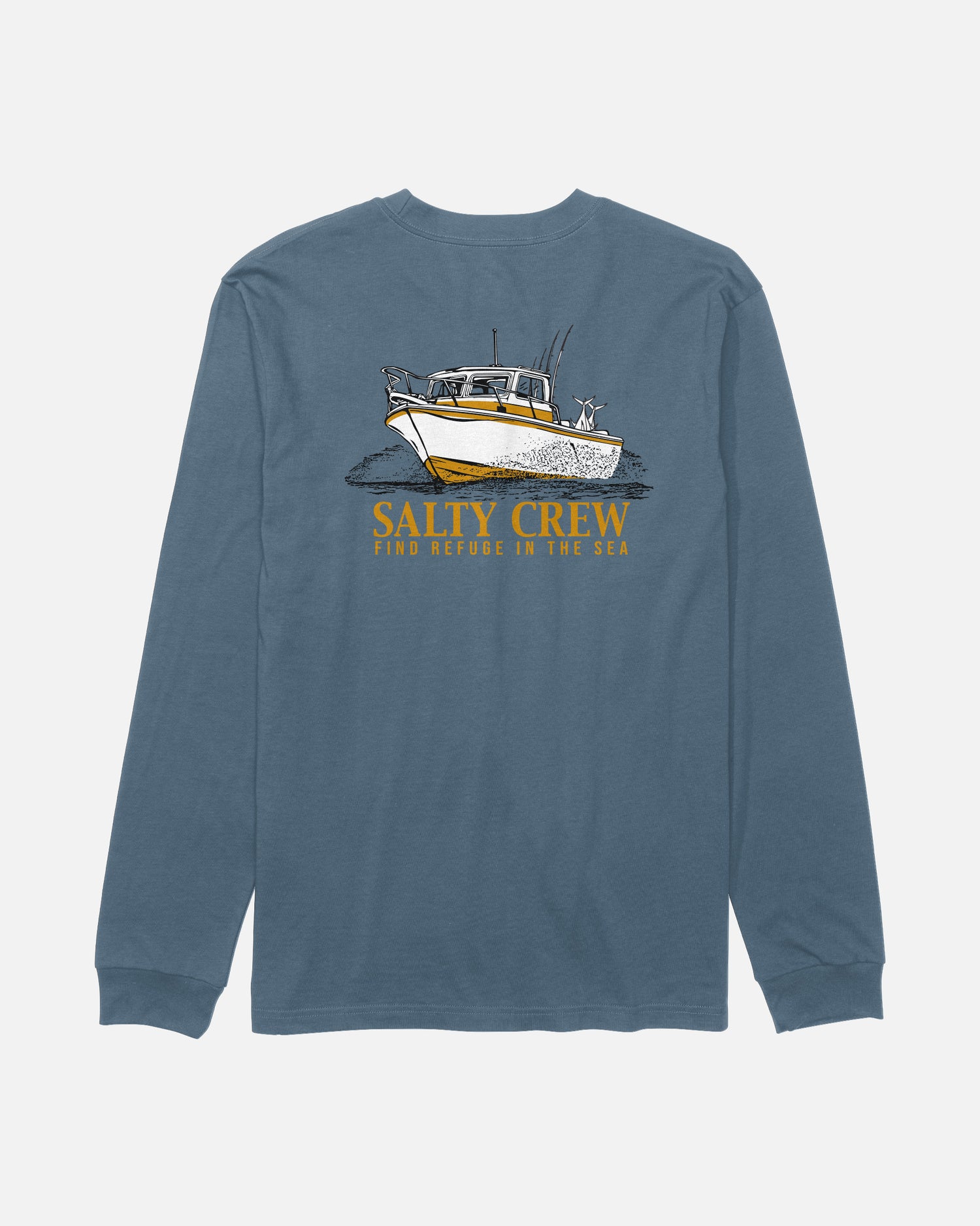 The Salty Crew Throttle Long Sleeve Tee in Slate is a blue cotton t-shirt featuring a screenprinted graphic of a fishing boat and a dog on the back, with yellow “SALTY CREW” text and smaller “FIND REFUGE IN THE SEA” text below the image.