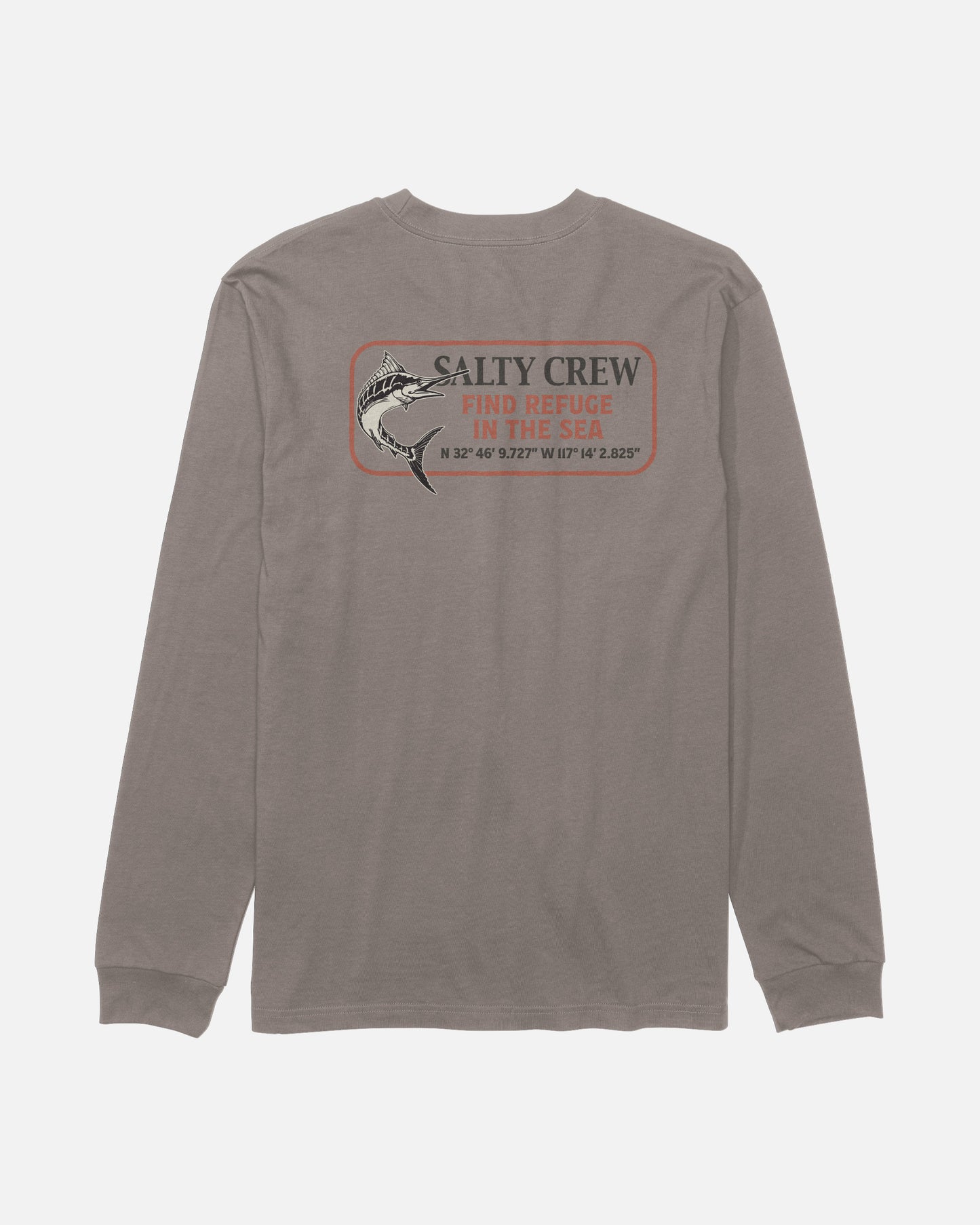 Salty Crew Coordinates Long Sleeve Tee in Cinder—a brown cotton long-sleeve t-shirt featuring a screenprinted fish graphic on the back, “SALTY CREW FIND REFUGE IN THE SEA” text, and printed geographic coordinates below.