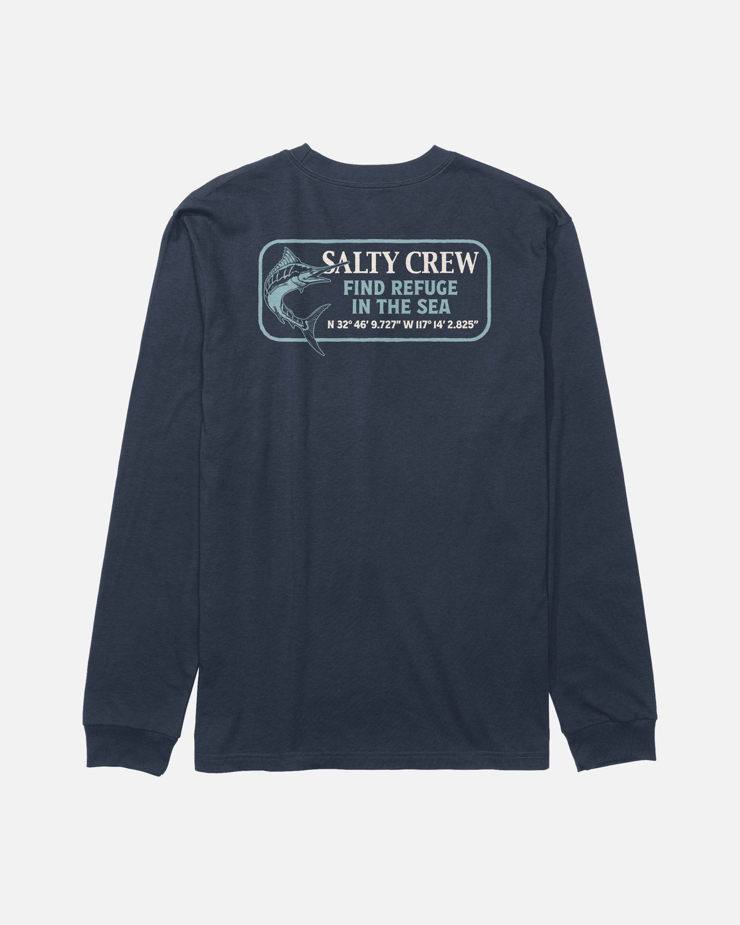 The Coordinates Long Sleeve Tee - Navy by Salty Crew is a navy long-sleeve t-shirt made from soft, combed ringspun cotton for all-day comfort. It features a screenprinted graphic of a fish and GPS coordinates on the back, along with the text “SALTY CREW FIND REFUGE IN THE SEA.”.