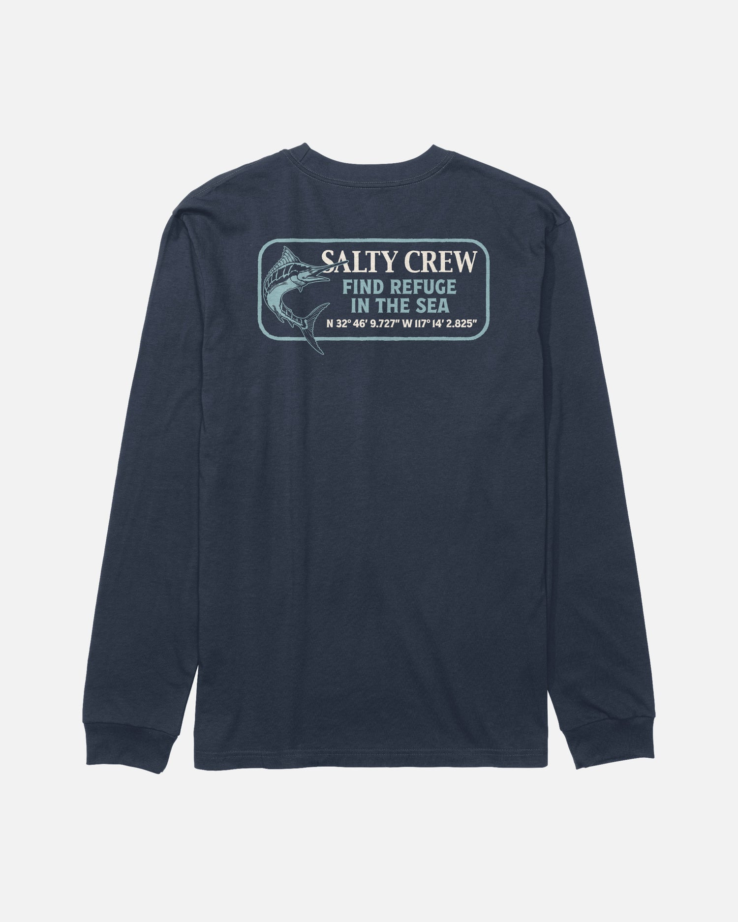 The Coordinates Long Sleeve Tee - Navy by Salty Crew is a navy long-sleeve t-shirt made from soft, combed ringspun cotton for all-day comfort. It features a screenprinted graphic of a fish and GPS coordinates on the back, along with the text “SALTY CREW FIND REFUGE IN THE SEA.”.