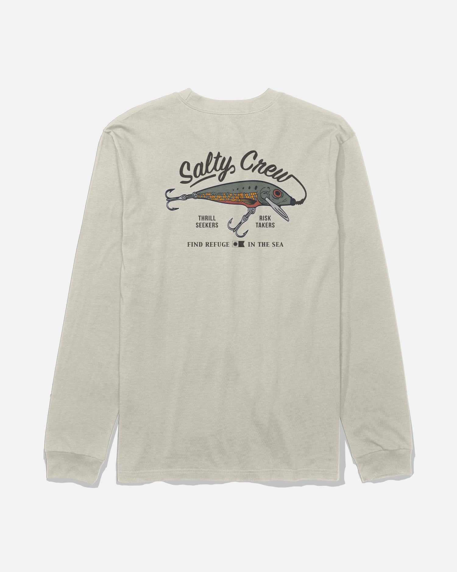 The Salty Crew Decoy Long Sleeve Tee in Bone is a beige, combed ringspun cotton shirt featuring a screenprinted fish hook lure graphic and the text “Salty Crew,” “Thrill Seekers,” “Risk Takers,” and “Find Refuge in the Sea” on the back.