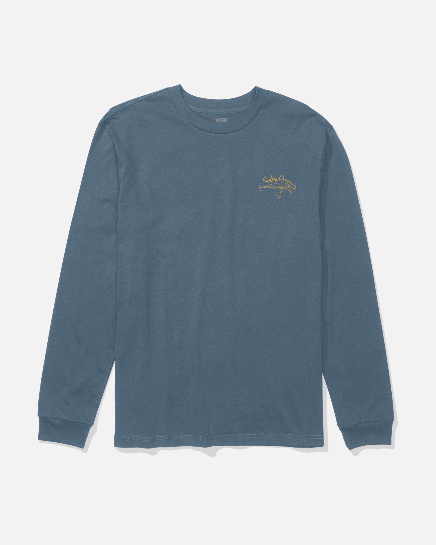 Salty Crew Decoy Long Sleeve Tee in Slate, featuring a small yellow screenprinted logo on the left chest, crafted from blue ringspun cotton and shown laid flat on a white background.