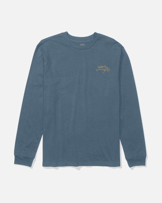 Salty Crew Decoy Long Sleeve Tee in Slate, featuring a small yellow screenprinted logo on the left chest, crafted from blue ringspun cotton and shown laid flat on a white background.