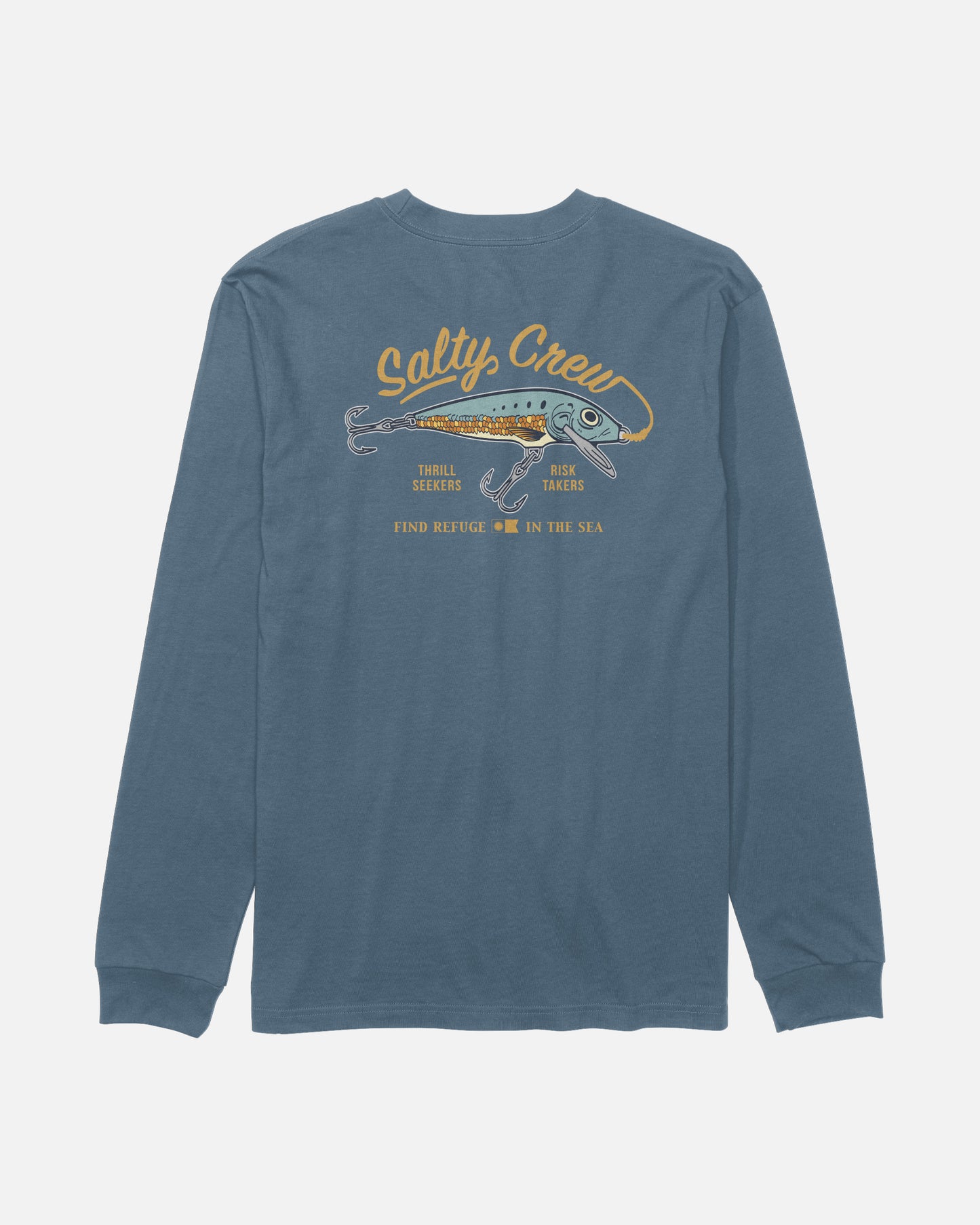 The Salty Crew Decoy Long Sleeve Tee in Slate features a blue cotton construction with a fish lure graphic on the back, “Salty Crew” text above, and the phrases “Thrill Seekers,” “Risk Takers,” and “Find Refuge in the Sea” screenprinted below.