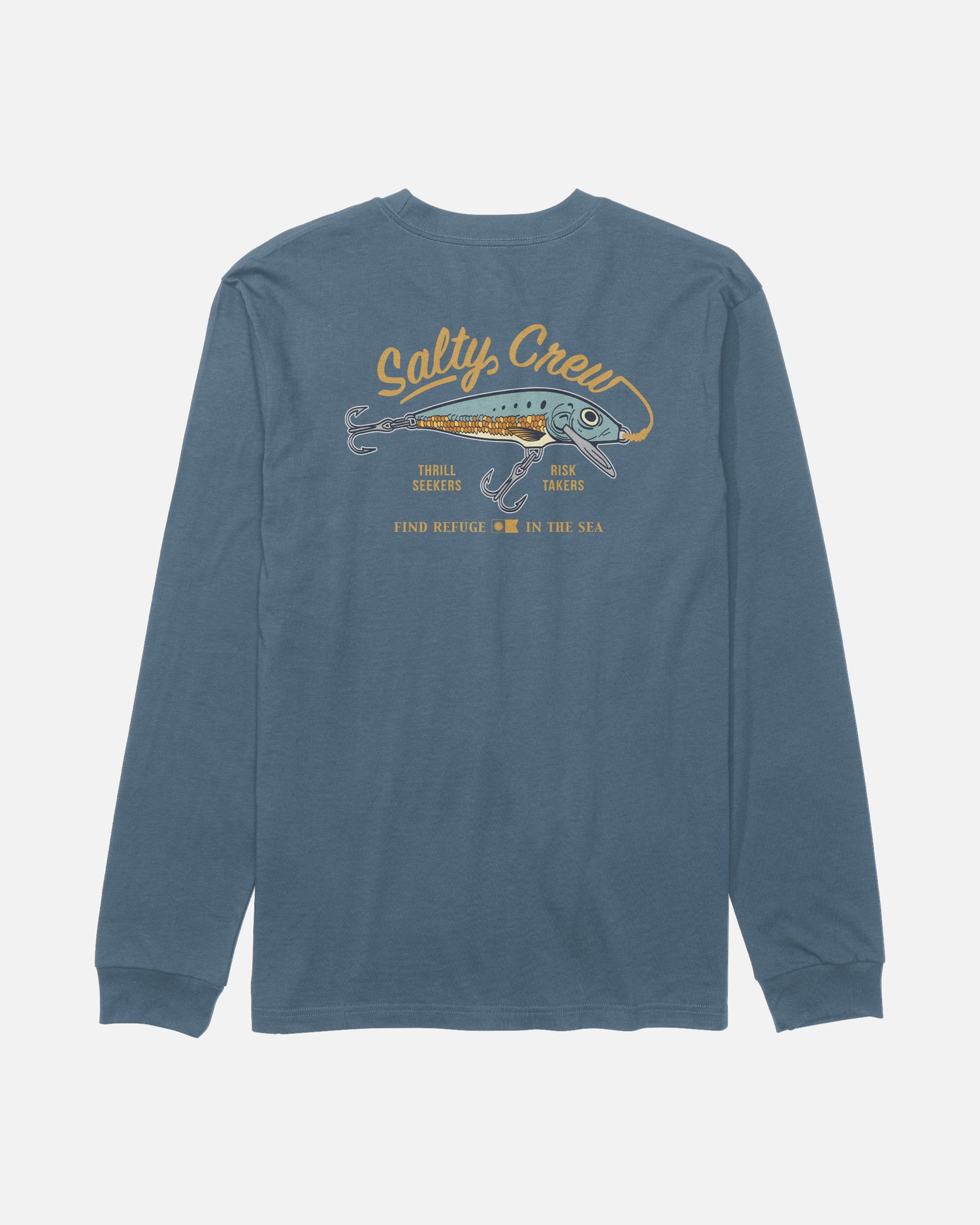 The Salty Crew Decoy Long Sleeve Tee in Slate features a blue cotton construction with a fish lure graphic on the back, “Salty Crew” text above, and the phrases “Thrill Seekers,” “Risk Takers,” and “Find Refuge in the Sea” screenprinted below.