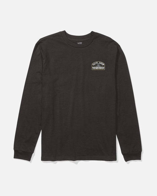 Salty Crew Gear Shop Long Sleeve Tee in black, crafted from combed ringspun cotton and featuring a small white “Daily Grind Tool Supply” screenprinted graphic on the left chest. The shirt is shown laid flat on a white background.