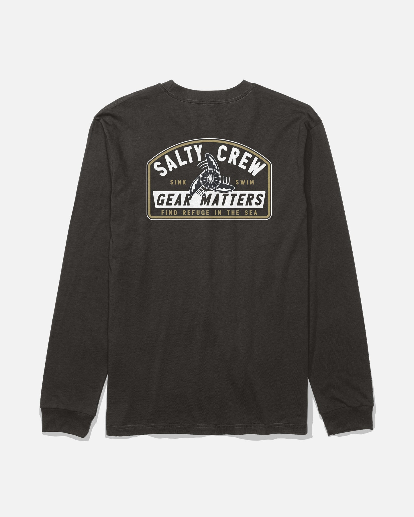 Introducing the Gear Shop Long Sleeve Tee - Black from Salty Crew. This long-sleeve cotton t-shirt showcases a ship wheel graphic and bold “Salty Crew Gear Matters” branding on the back, paired with the phrases “Sink or Swim” and “Find Refuge in the Sea” in crisp white and tan text. Made from soft combed ringspun fabric and completed with high-quality screenprinted details, this tee delivers both comfort and adventure-ready style.