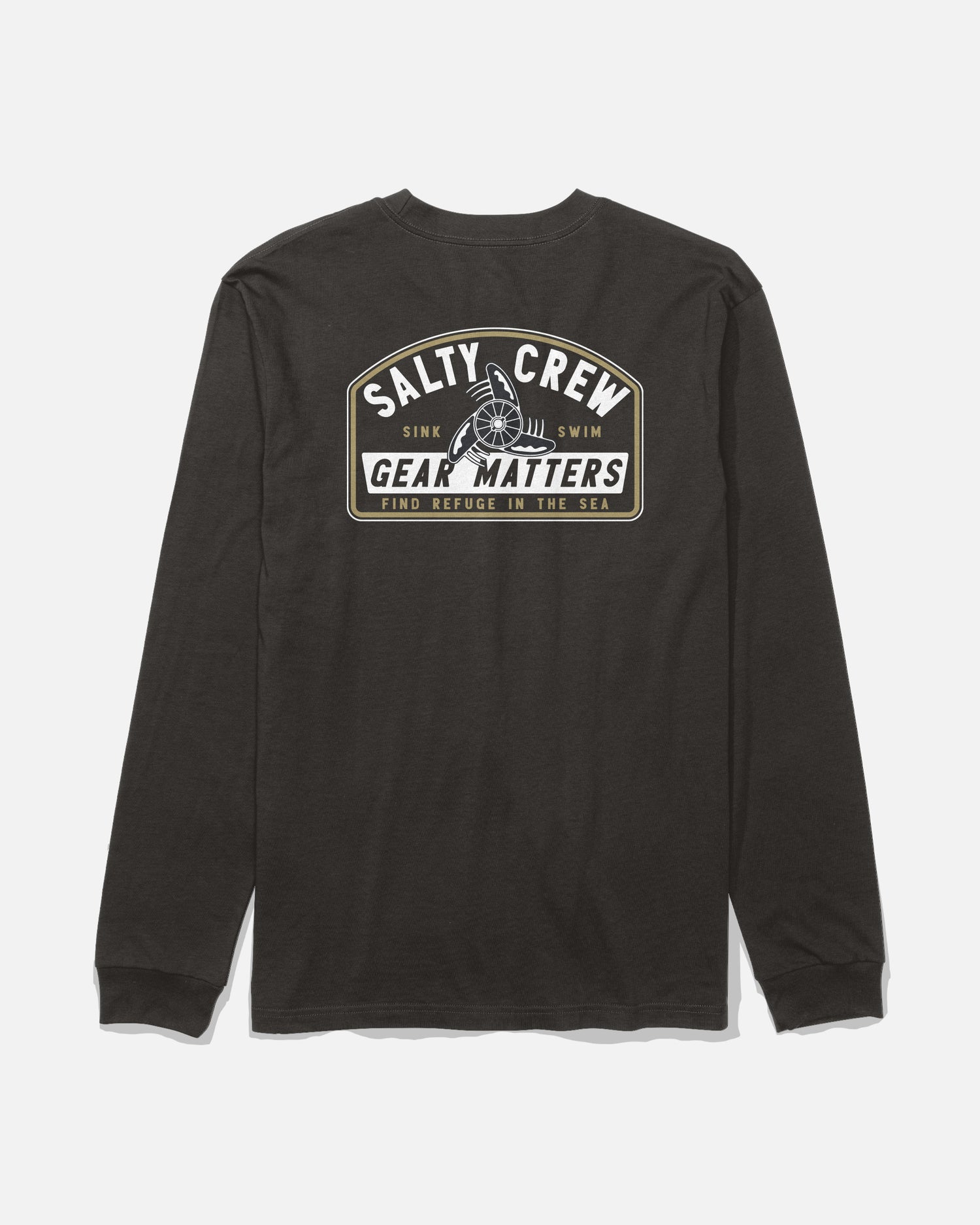 Introducing the Gear Shop Long Sleeve Tee - Black from Salty Crew. This long-sleeve cotton t-shirt showcases a ship wheel graphic and bold “Salty Crew Gear Matters” branding on the back, paired with the phrases “Sink or Swim” and “Find Refuge in the Sea” in crisp white and tan text. Made from soft combed ringspun fabric and completed with high-quality screenprinted details, this tee delivers both comfort and adventure-ready style.