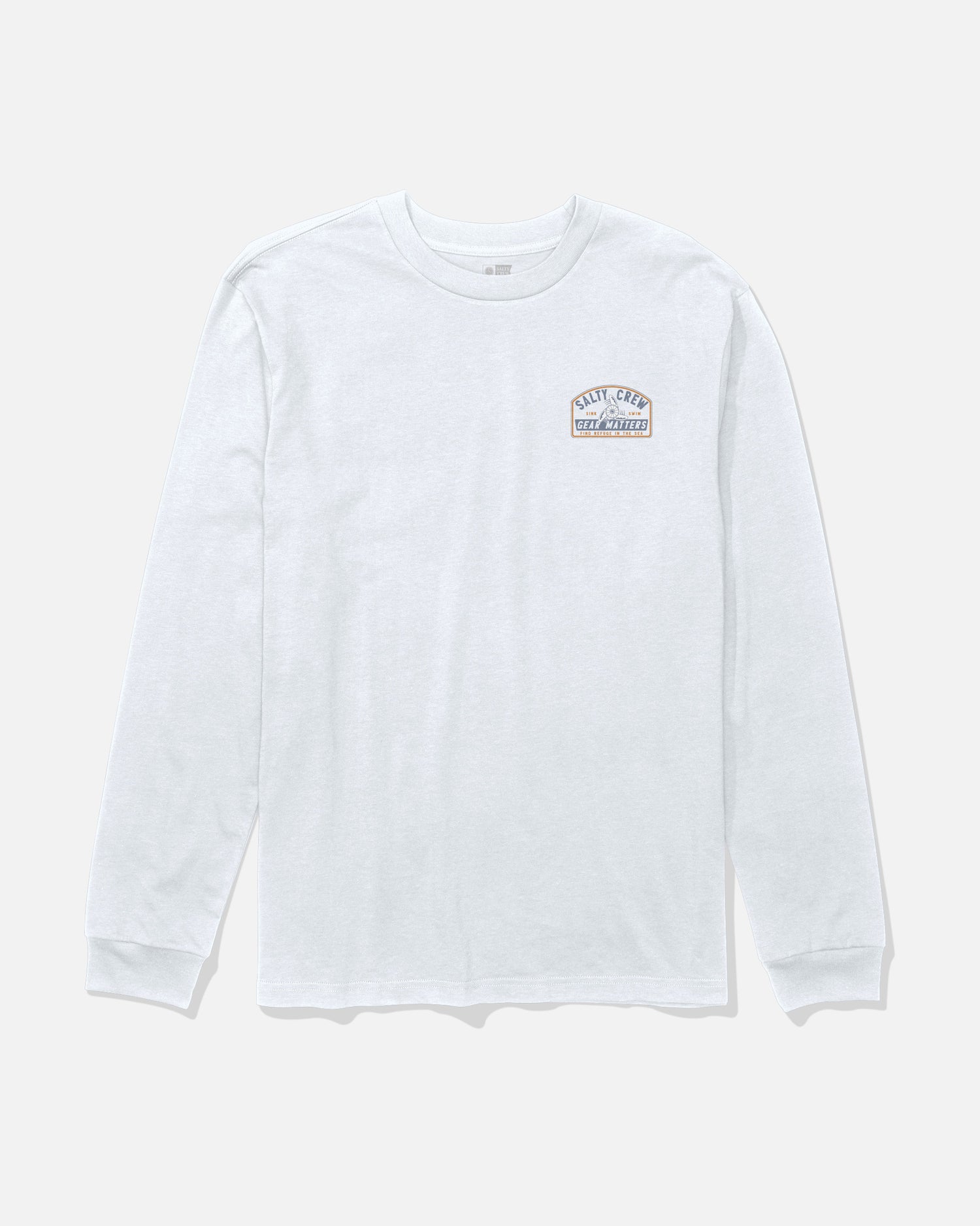 Salty Crew Gear Shop Long Sleeve Tee - White: This soft, combed ringspun cotton shirt features long sleeves and a small, rectangular screenprinted logo with text and a wave graphic on the left chest. Laid flat on a plain white background.